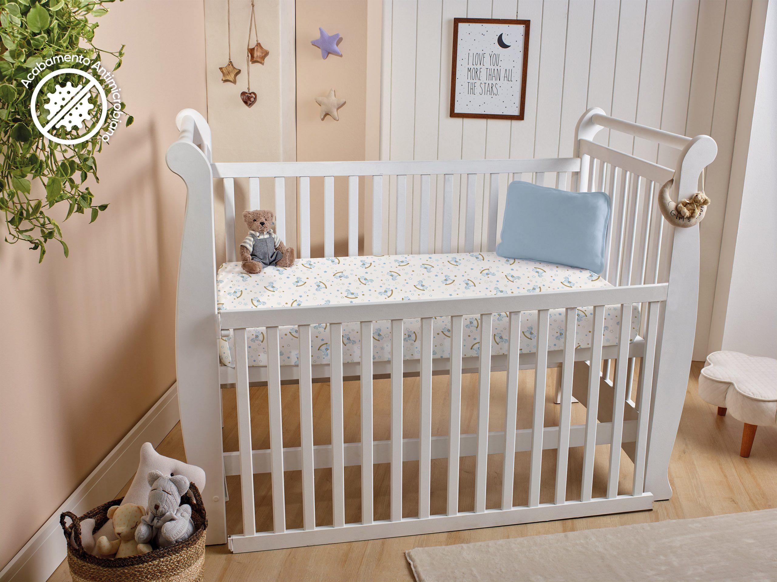 <Cama Baby Malha>Berço Malha Lençol Estampado + Fronha Lisa