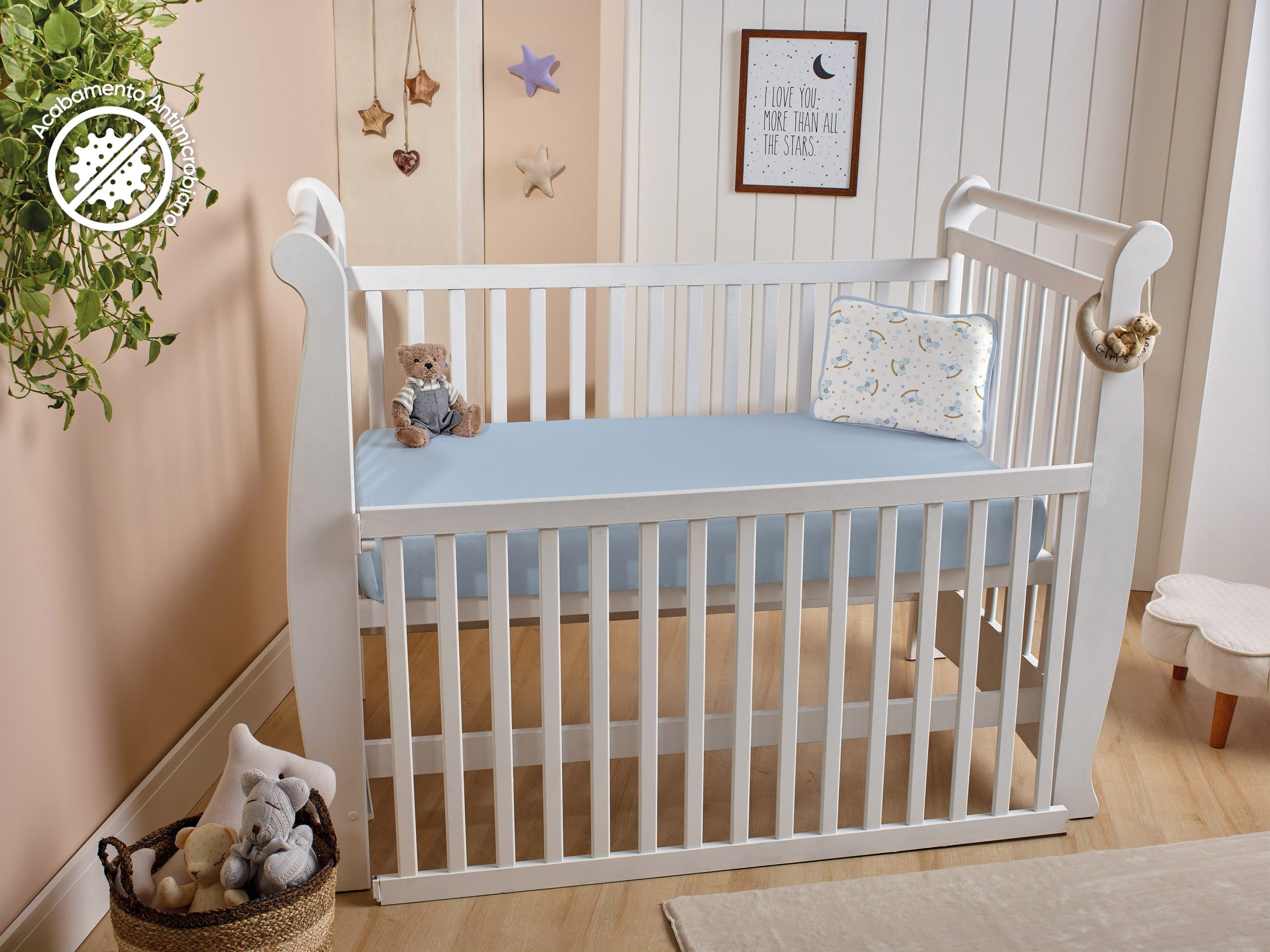 <Cama Baby Malha>Berço Malha Lençol Liso + Fronha Estampada